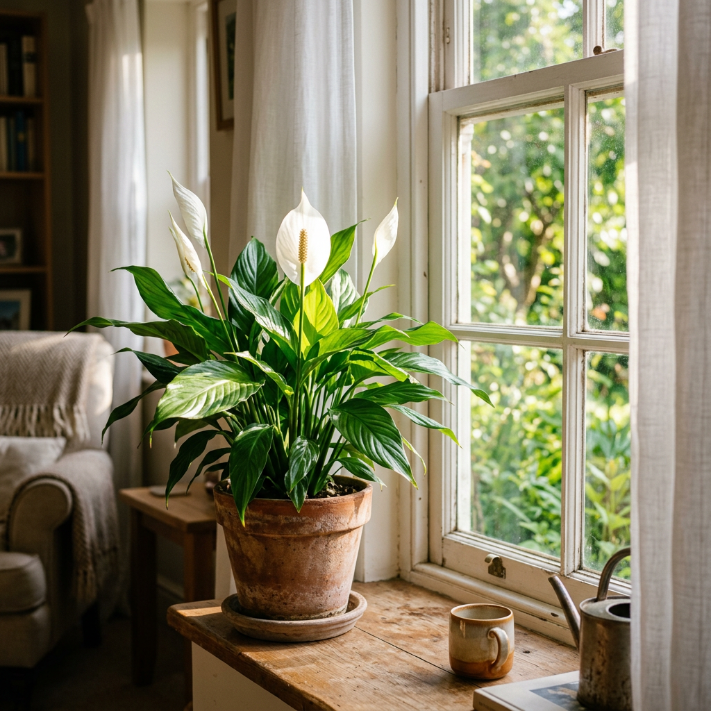 Peace lily plant with white flowers in terracotta pot on a wooden windowsill by window